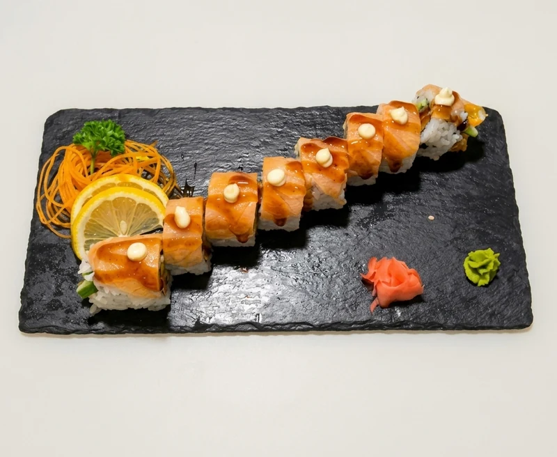 Mark's roll with tempura yam, cucumber and smoked salmon at Wakoya Sushi, Osborne Village