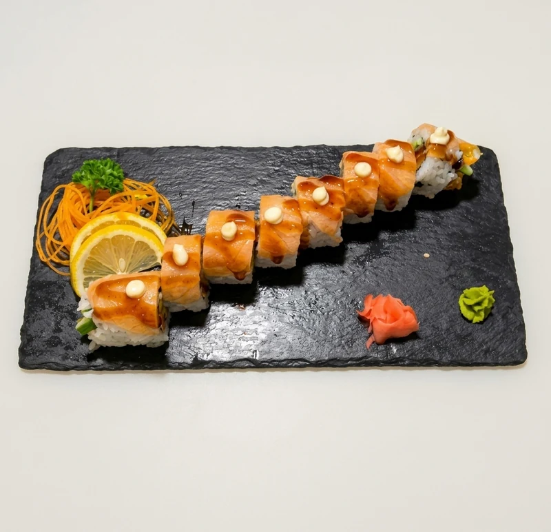 Mark&rsquo;s roll with tempura yam, smoked salmon, cucumber and house sauce at Wakoya Sushi, Winnipeg